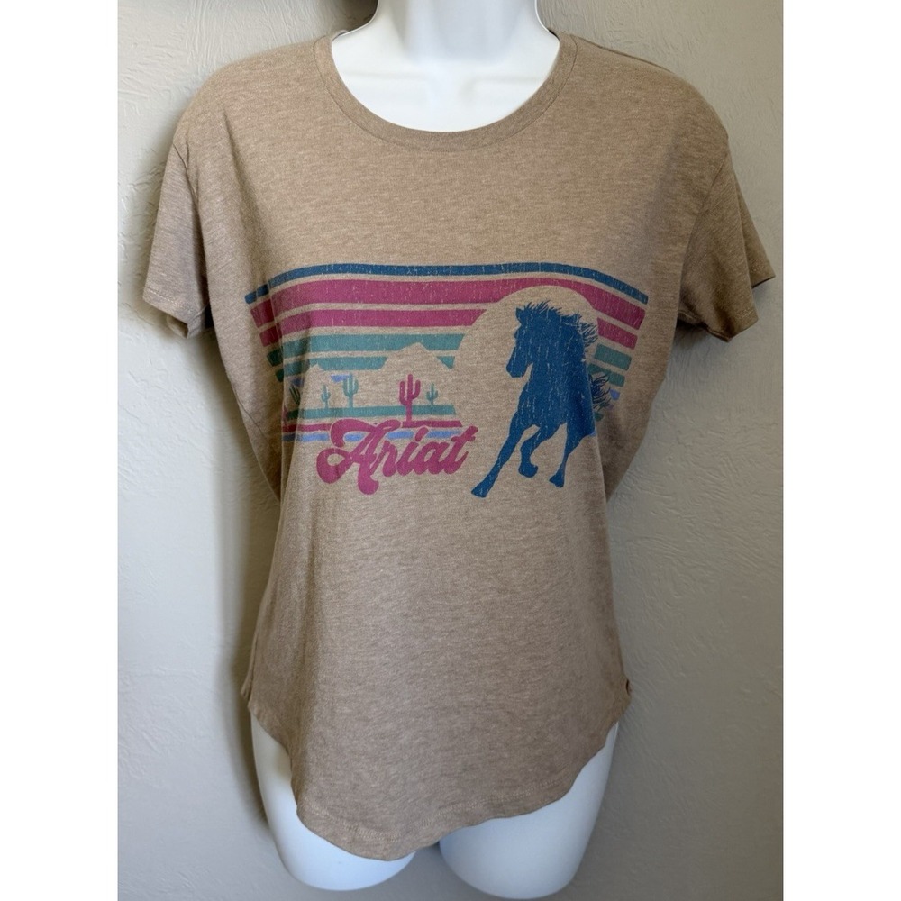 Ariat T-Shirt Womens Size XS Brown Retro Horse Desert Scene Short Sleeve Graphic